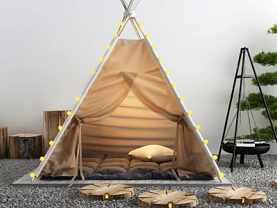 Tipi Style Tent Decorated With String Lights Mattress And Pillow Inside Wooden Stumps Outside 3d model
