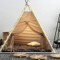 Tipi Style Tent Decorated With String Lights Mattress And Pillow Inside Wooden Stumps Outside