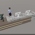 Modern Reception Desk Featuring Marble Countertop Computer Monitors Receptionist and Decorative Items 3d model