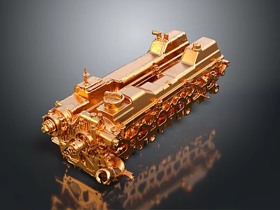 Golden Metal Train Model With Detailed Components On Reflective Surface 3d model