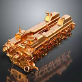 Golden Metal Train Model With Detailed Components On Reflective Surface