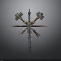 Fantasy Medieval Weapon Assembly With Crossed Sword Dual Hammers And Skull Ornaments