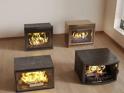 Various Designed Fireplaces With Burning Flames In Indoor Wooden Floor Setting 3d model