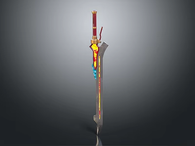 Decorative Sword With Red Hilt Yellow Blue Accents And Metallic Blade Design 3d model