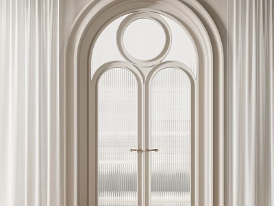 Elegant Arched Double Doors With Ivory Ribbed Glass Panels And Floor To Ceiling Curtains 3d model