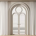 Elegant Arched Double Doors With Ivory Ribbed Glass Panels And Floor To Ceiling Curtains