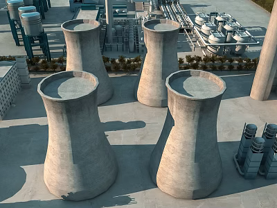 Large Industrial Factory Exterior With Four Cooling Towers And Industrial Equipment 3d model