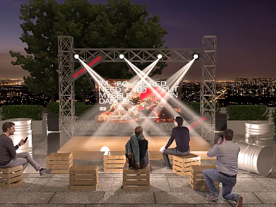 Outdoor Stage Scene With Bright Lights People On Wooden Crate Seats And City Night View 3d model