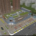 Modern Urban Commercial Street Landscape With Tall Buildings Green Roof Plaza Trees And Vehicles