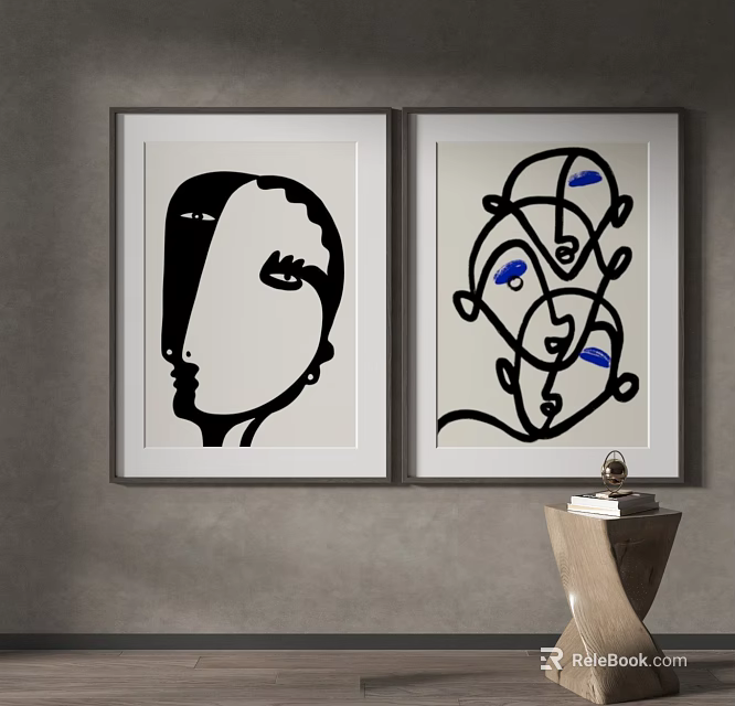 Abstract Face Artworks With Black White Blue Elements On Wall And Decorative Object 3d model