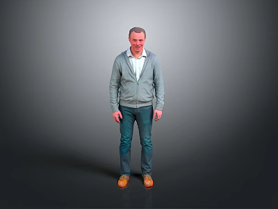 Man Standing In Gray Background Wearing Gray Cardigan White Shirt Blue Jeans And Brown Shoes 3d model