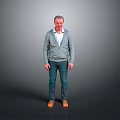 Man Standing In Gray Background Wearing Gray Cardigan White Shirt Blue Jeans And Brown Shoes
