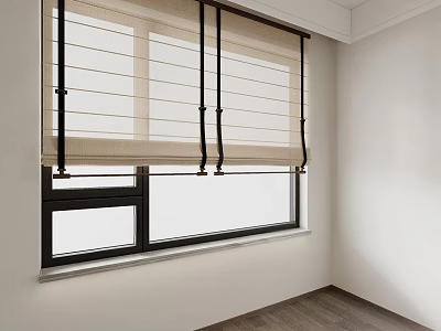 Beige Roller Blinds For Window With Black Cords In White Wall Wooden Floor Interior 3d model