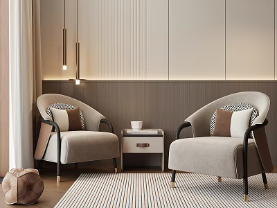 Elegant Modern Casual Sofa Set With Beige Chairs Side Table Striped Wall And Pendant Lights 3d model
