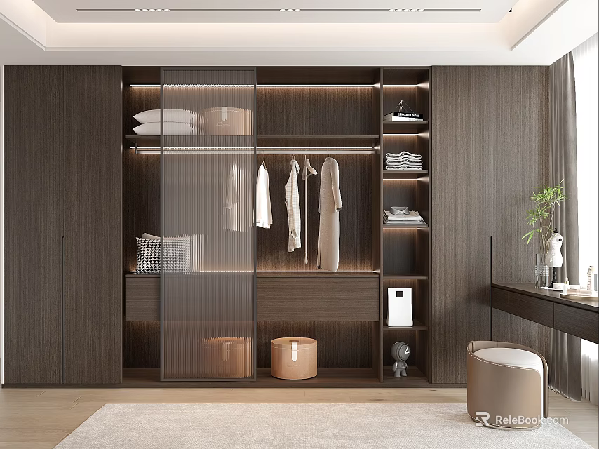 Modern Wooden Wardrobe Interior Design With Glass Door Hanging Folded Clothes And Storage Stools 3d model 