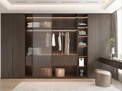 Modern Wooden Wardrobe Interior Design With Glass Door Hanging Folded Clothes And Storage Stools 3d model