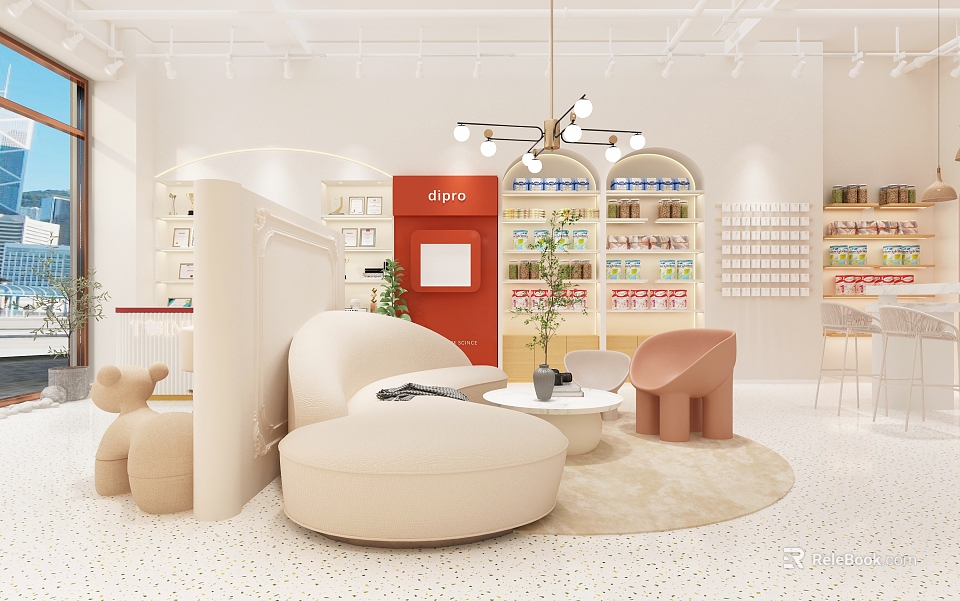 Modern Light Luxury Specialty Store Interior Featuring Beige Sofa Red Door Shelves And Green Plants 3d model 