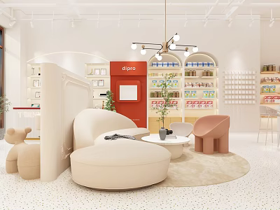 Modern Light Luxury Specialty Store Interior Featuring Beige Sofa Red Door Shelves And Green Plants 3d model