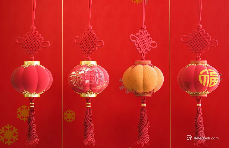 Traditional Chinese Lanterns With Various Styles Chinese Knots And Fu Characters On Red Background 3d model 