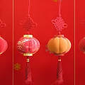 Traditional Chinese Lanterns With Various Styles Chinese Knots And Fu Characters On Red Background