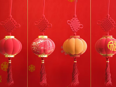 Traditional Chinese Lanterns With Various Styles Chinese Knots And Fu Characters On Red Background 3d model
