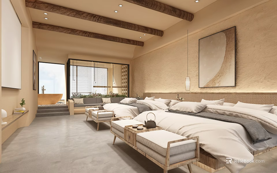 Modern Hotel Room Interior With Comfortable Bed Wooden Furniture And Decorative Painting 3d model 
