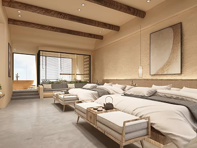 Modern Hotel Room Interior With Comfortable Bed Wooden Furniture And Decorative Painting 3d model