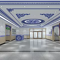 Elegant Public Hall Interior With Blue White Decorations Ceiling Patterns And Red Electronic Screen 3d model