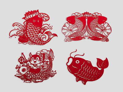 Decorative Red Paper Cut Style Animal Wall Decor with Carp Patterns 3d model