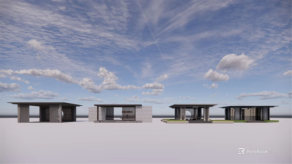 Multiple Modern Pergola Design With Open Structure And Stone Base Under Blue Sky 3d model
