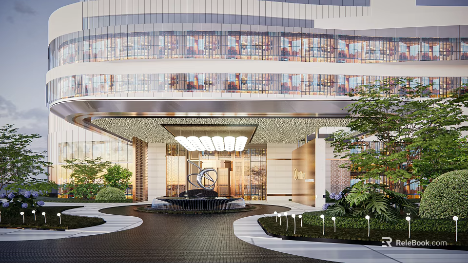 Modern Luxury Entrance Gate With Glass Curtain Wall Fountain Lighting And Greenery 3d model 