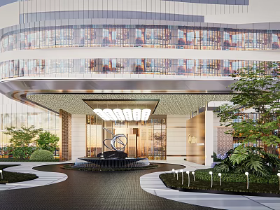 Modern Luxury Entrance Gate With Glass Curtain Wall Fountain Lighting And Greenery 3d model
