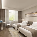 Modern Hotel Guest Room With Twin Beds Desk Chair Window Curtains Rug And Decorative Painting