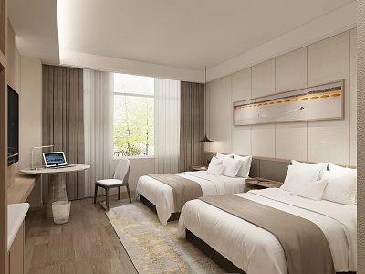 Modern Hotel Guest Room With Twin Beds Desk Chair Window Curtains Rug And Decorative Painting 3d model