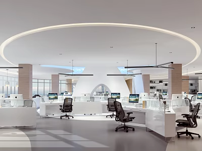Modern Office Interior Design With Open Layout Desks Computers And Circular Ceiling Lights 3d model