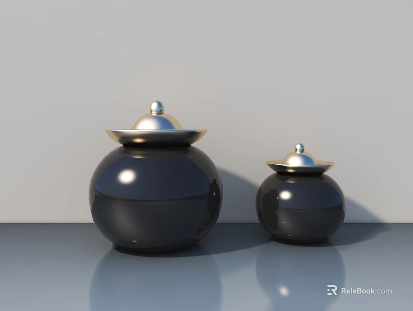 Sculpture Carving Decorative Black Jars With Smooth Surface And Gold Lids 3d model