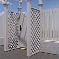 White Arched Entrance Gate With Picket Fence And Stone Paved Pathway