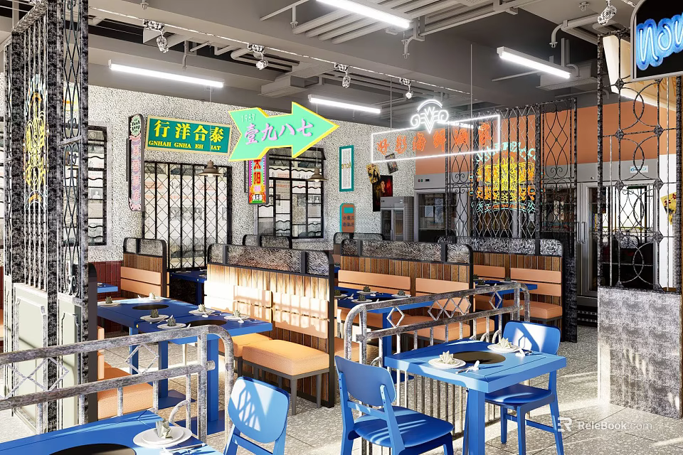Modern Restaurant Interior With Blue Tables Chairs Neon Signs Metal Railings And Long Strip Lights 3d model 