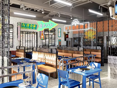 Modern Restaurant Interior With Blue Tables Chairs Neon Signs Metal Railings And Long Strip Lights 3d model