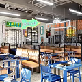 Modern Restaurant Interior With Blue Tables Chairs Neon Signs Metal Railings And Long Strip Lights