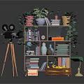 Vintage Study Nook With Bookcase Camera On Tripod Plants Books Lamp And Chest