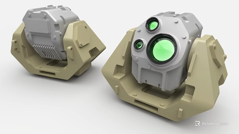 Robust Industrial Equipment Featuring Green Lens Sensors Beige Gray Housing And Mounting Base 3d model 