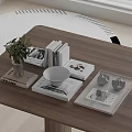 Decorative Ornaments Set With Green Plant Books Magazines Gray Bowl And Tray On Wooden Table