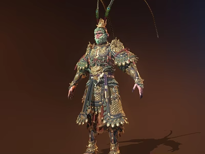 Game Movie Character in Elaborate Armor With Green Feathered Helmet Intricate Patterns And Golden Decorations 3d model