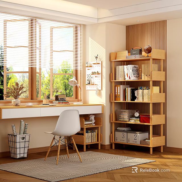 Study Room Interior With Desk White Chair Wooden Bookshelf And Bright Light Through Blinds 3d model 