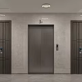 Modern Elevator Lobby With Three Elevators 3F Sign Dark Doors And Ceiling Lights 3d model