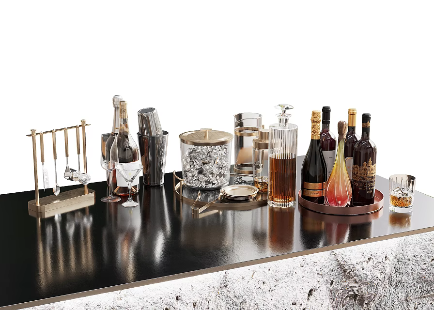 Stylish Wine Bottles And Glasses On Black Countertop With Bar Tools Ice Bucket And Trays 3d model 