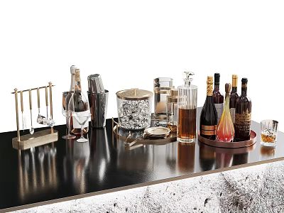 Stylish Wine Bottles And Glasses On Black Countertop With Bar Tools Ice Bucket And Trays 3d model