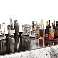 Stylish Wine Bottles And Glasses On Black Countertop With Bar Tools Ice Bucket And Trays