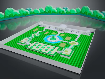 Natural Garden Layout With Green Lawn Central Fountain Pathways And Surrounding Trees 3d model